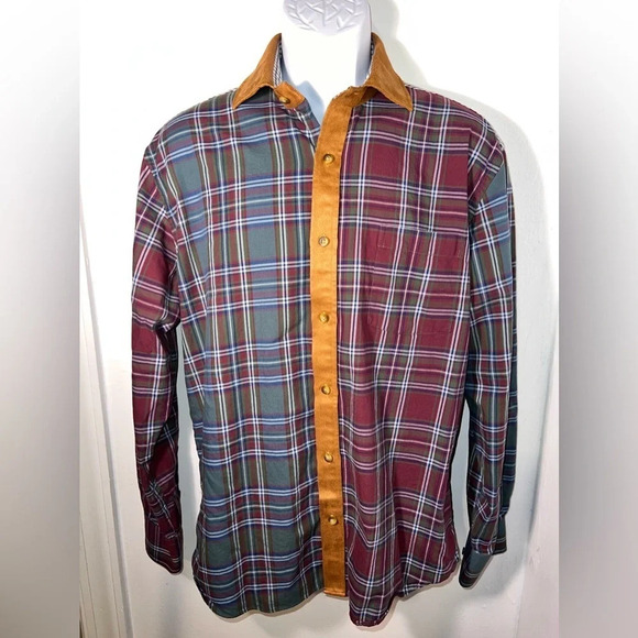 Southern Pines, M, faux suede trim button front collar, longsleeve checkered - Picture 1 of 7